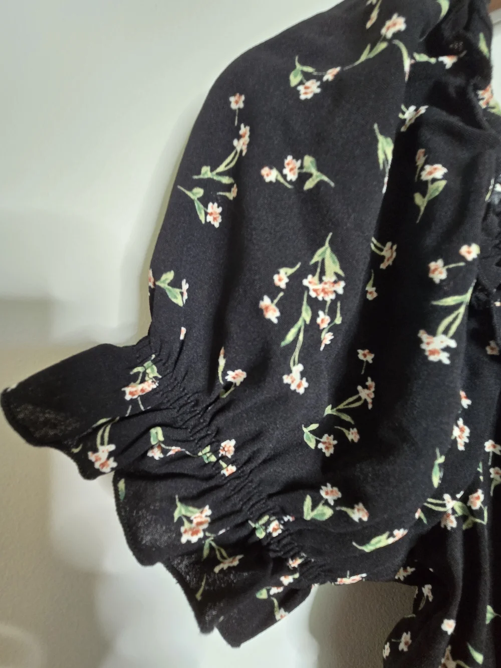 Black Floral Smocked Mini Dress Cottagecore Ruffle Puff Sleeve Boho Summer -L